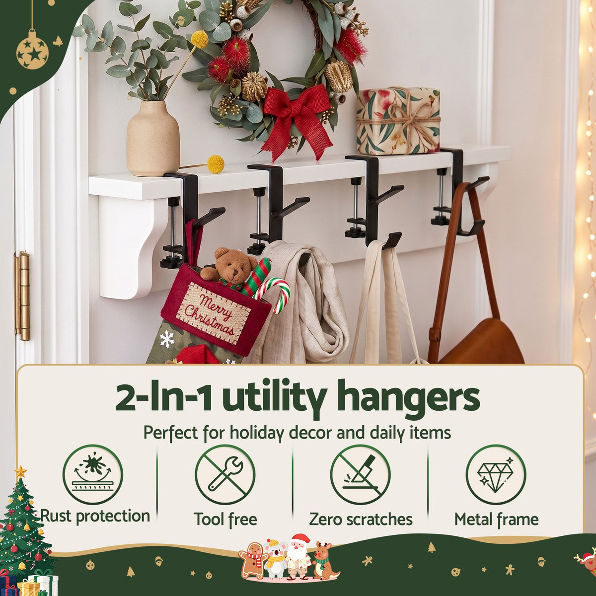 No-Drill Stocking and Garland Hooks, Set of 4