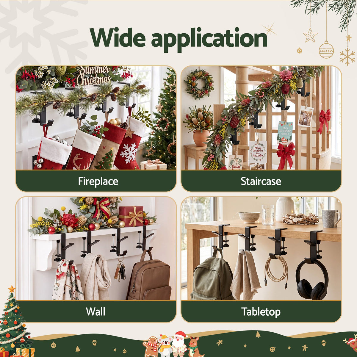No-Drill Stocking and Garland Hooks, Set of 4