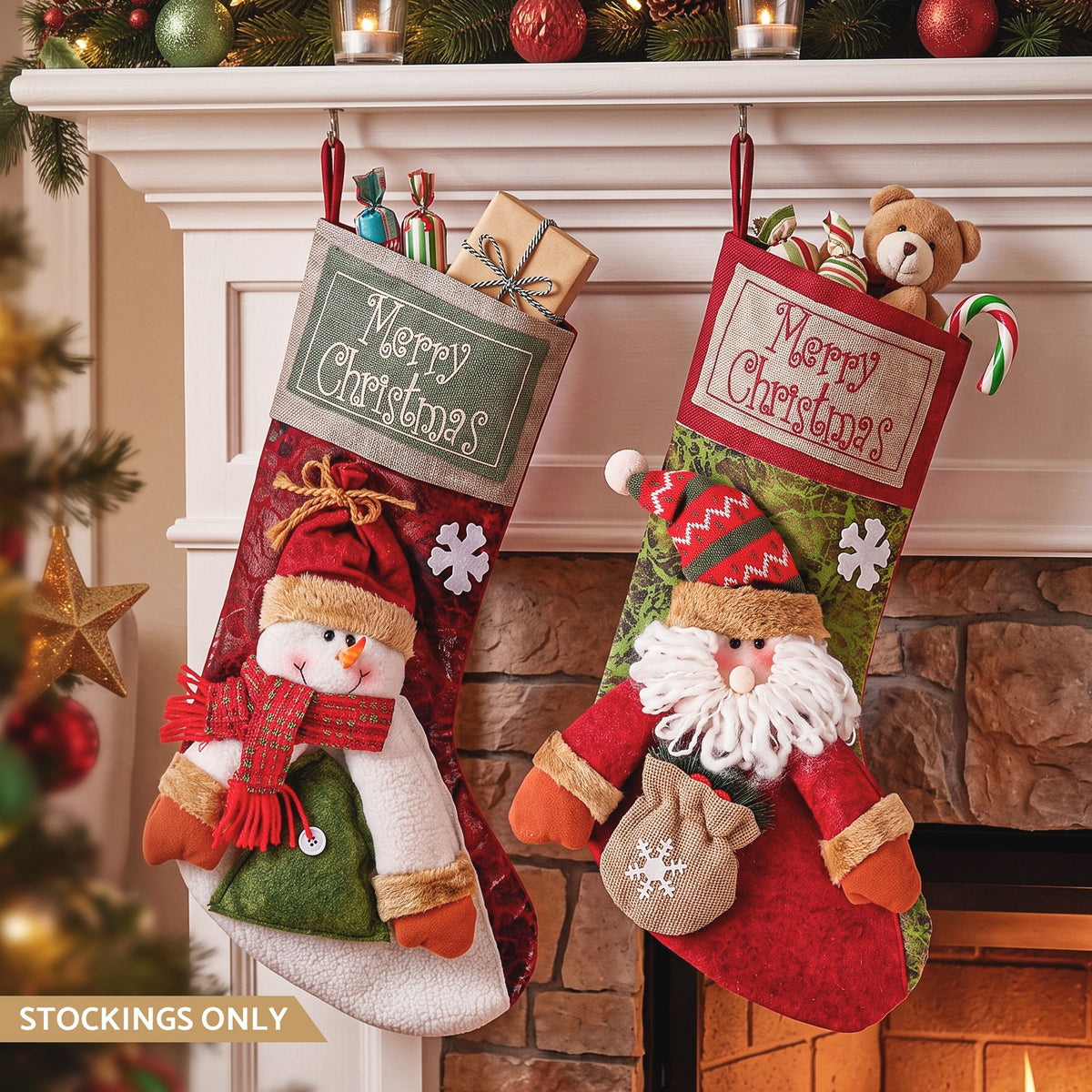 Plush Santa and Snowman Stockings, Set of 2