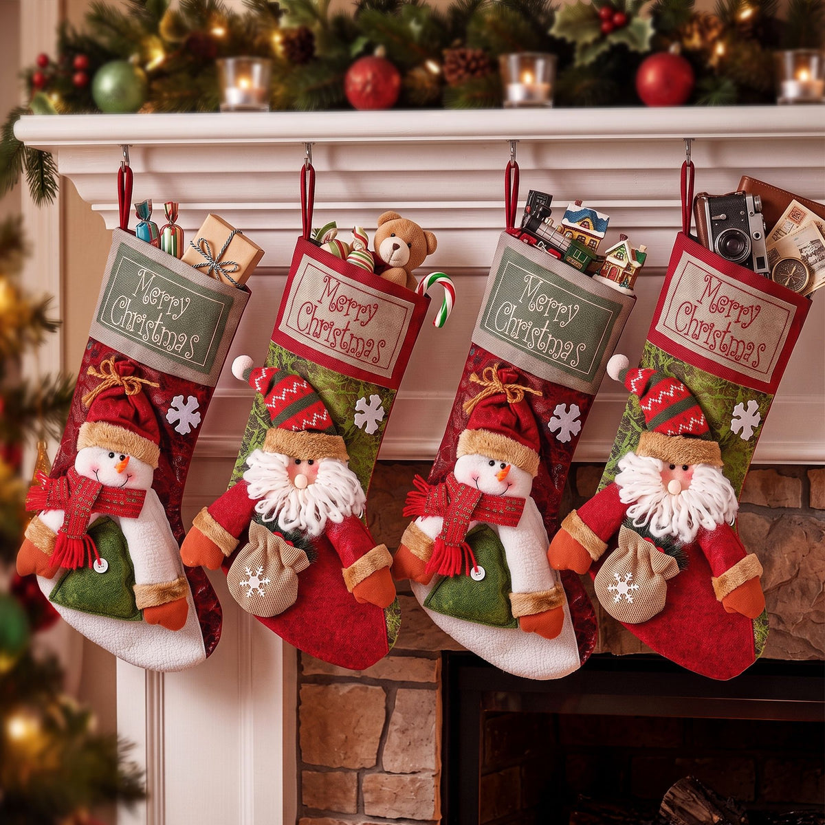 Plush Santa and Snowman Stockings, Set of 4