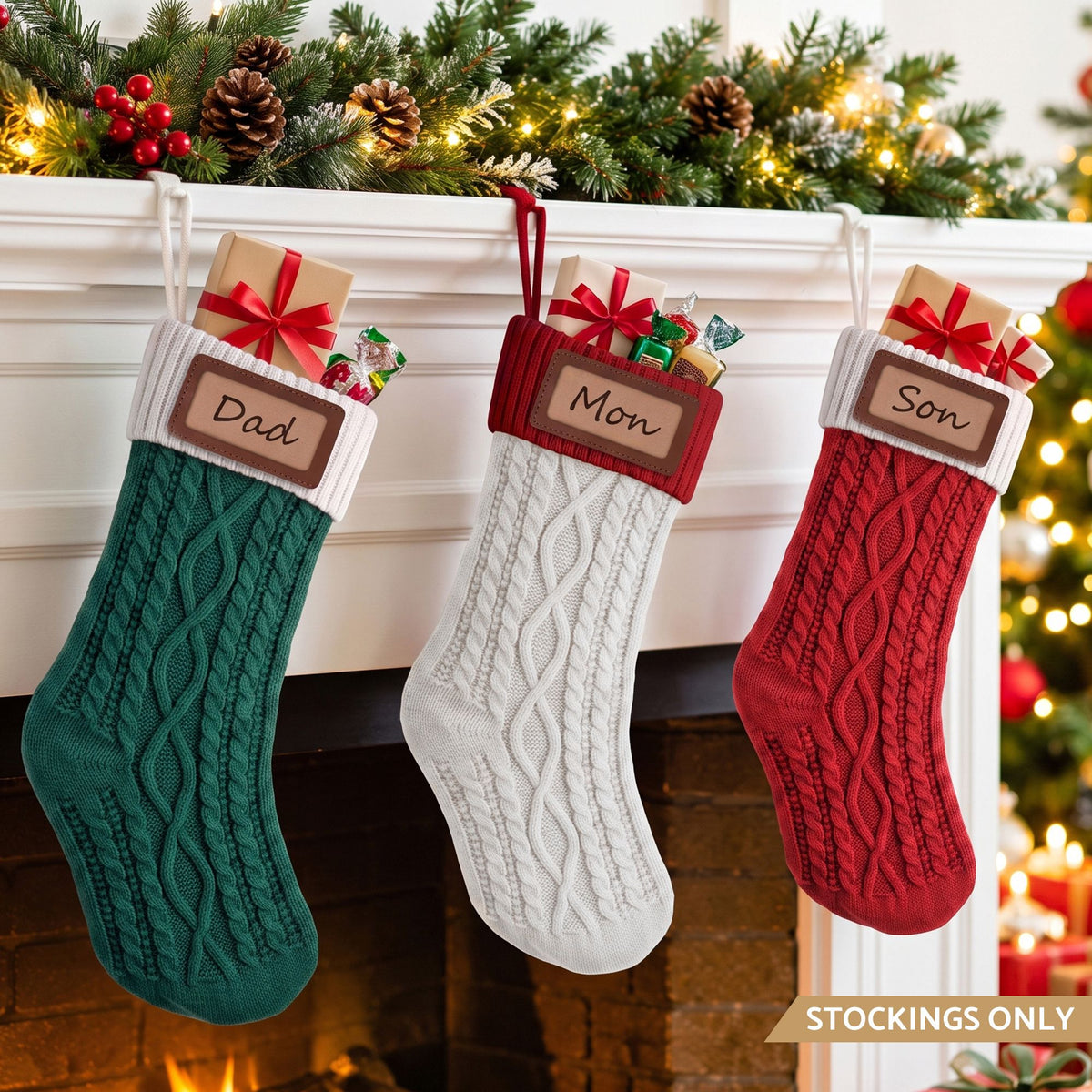 Knitted Christmas Stockings with Leather Tags, Set of 3