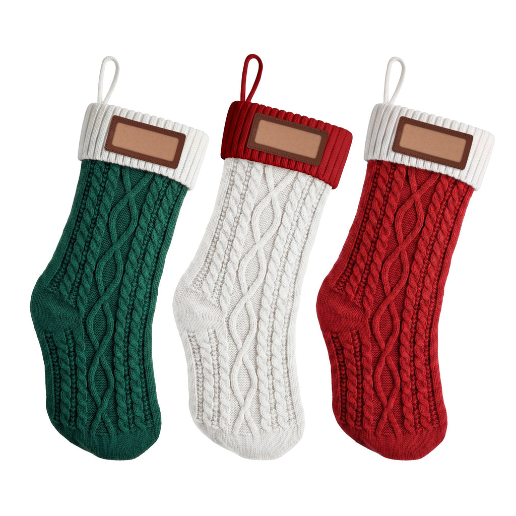 Knitted Christmas Stockings with Leather Tags, Set of 3