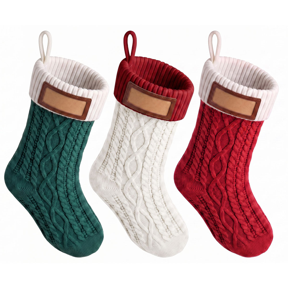Knitted Christmas Stockings with Leather Tags, Set of 3