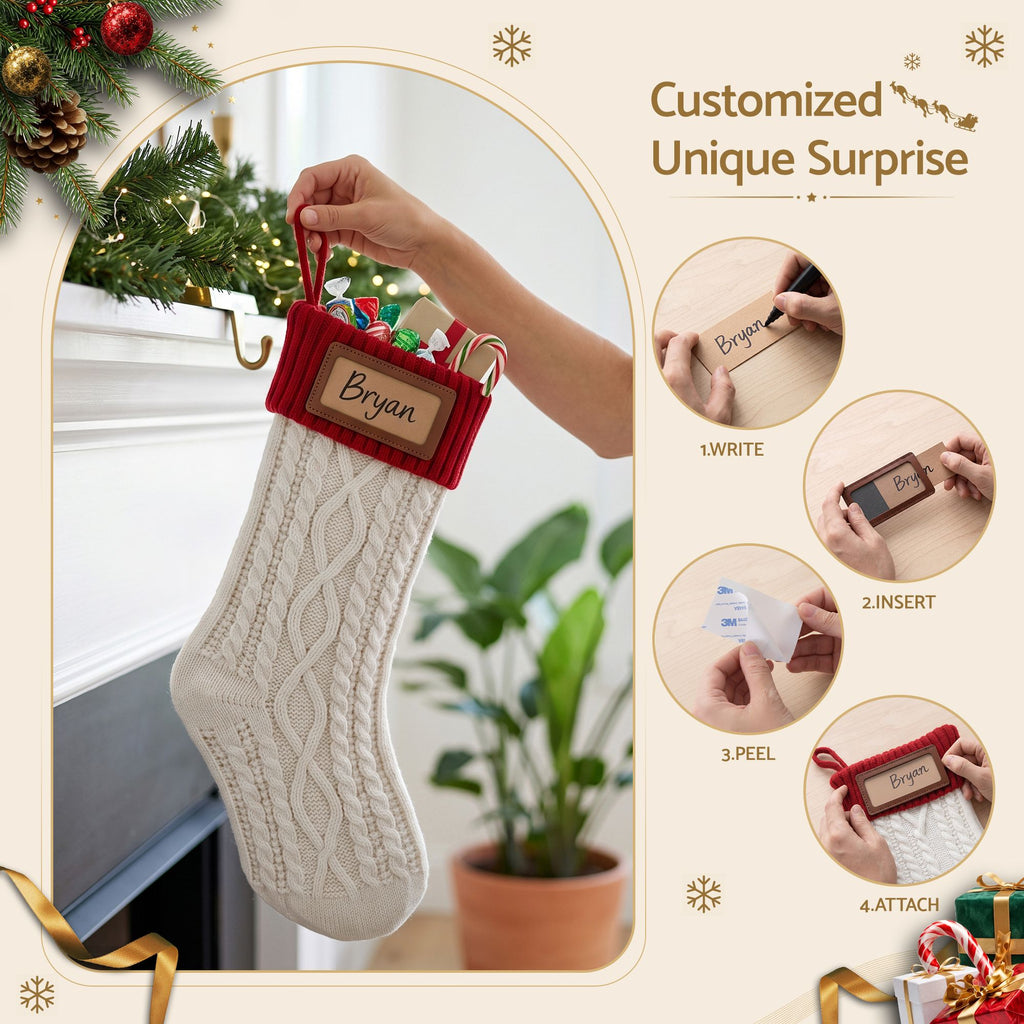Knitted Christmas Stockings with Leather Tags, Set of 3