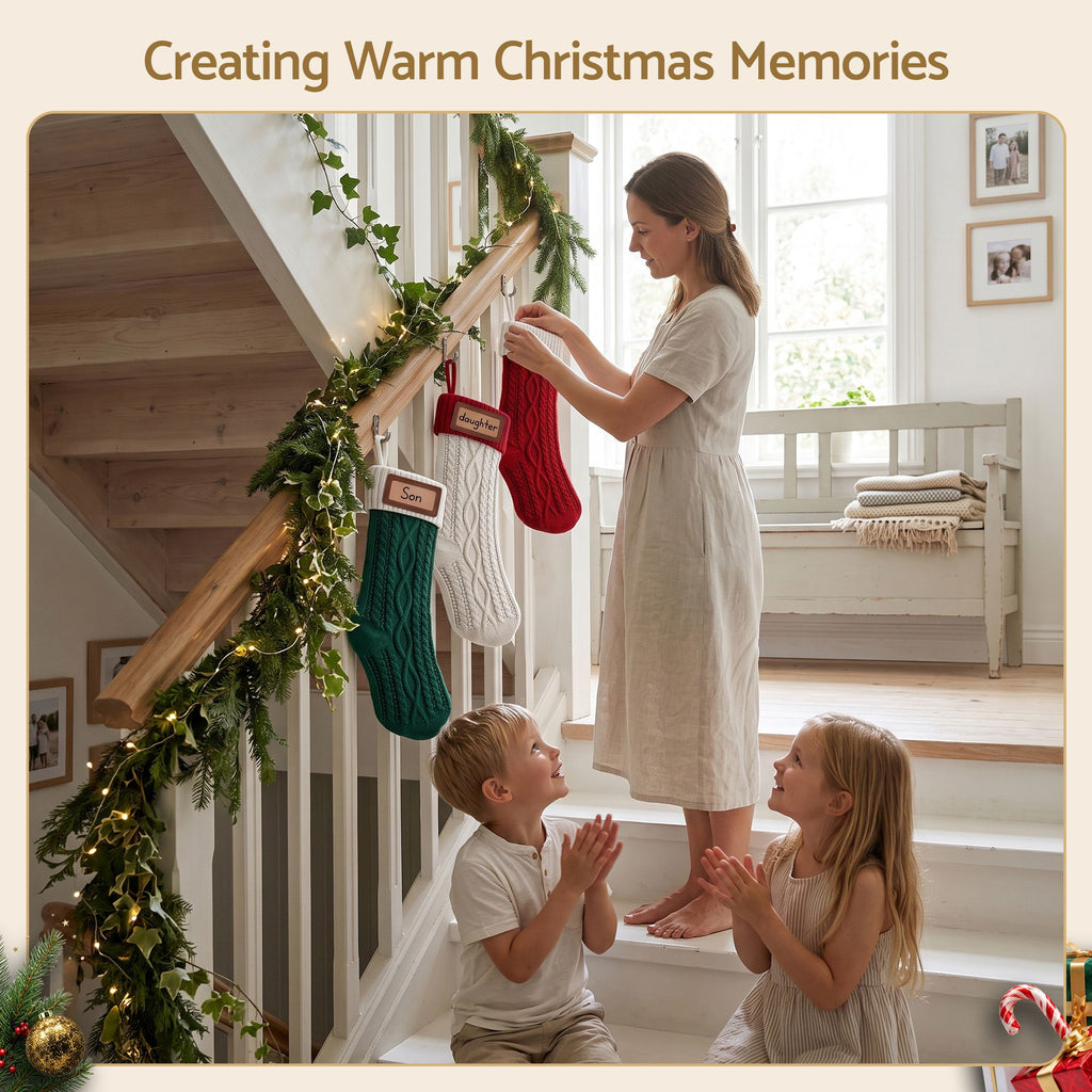 Knitted Christmas Stockings with Leather Tags, Set of 3