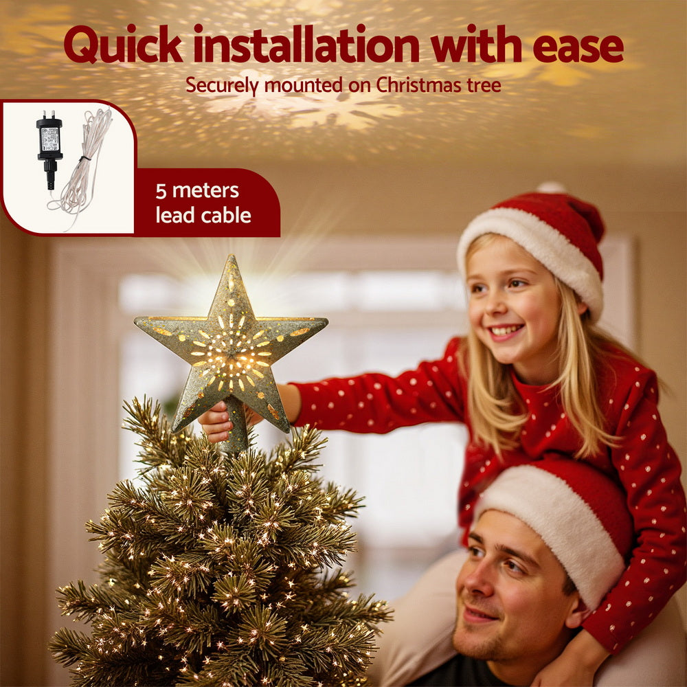 Gold Star Tree Topper with Snowflake Projector