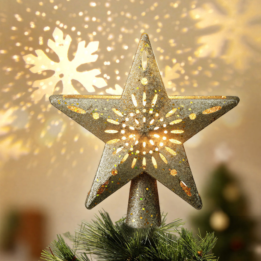 Gold Star Tree Topper with Snowflake Projector