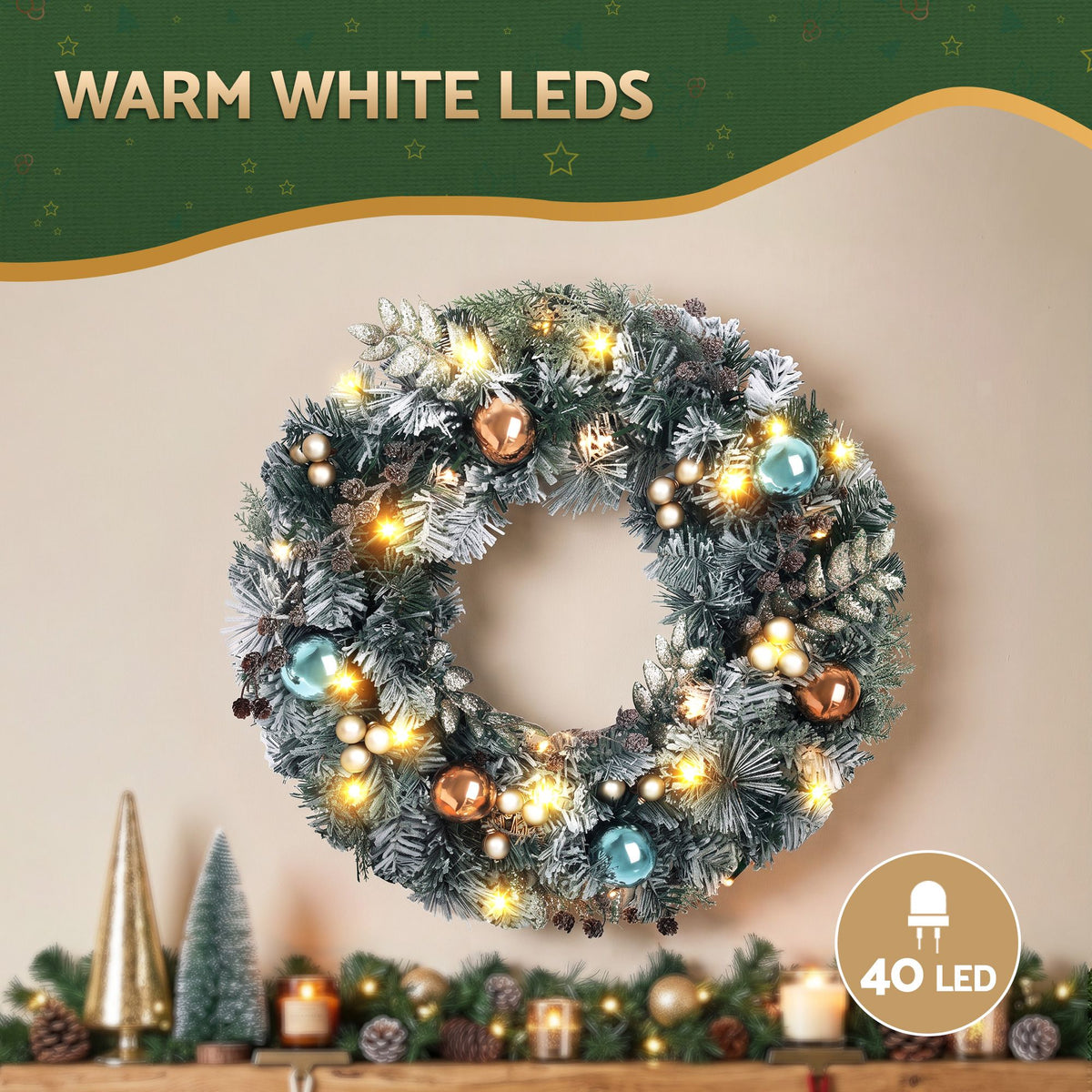Pre-Lit Snowy Christmas Wreath, 60cm
