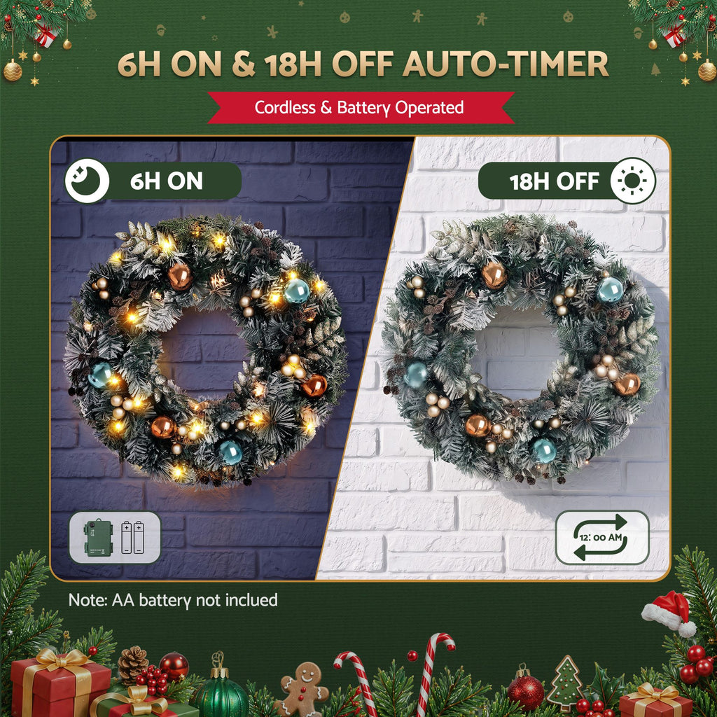 Pre-Lit Snowy Christmas Wreath, 60cm