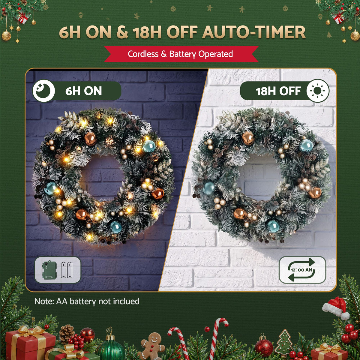 Pre-Lit Snowy Christmas Wreath, 60cm