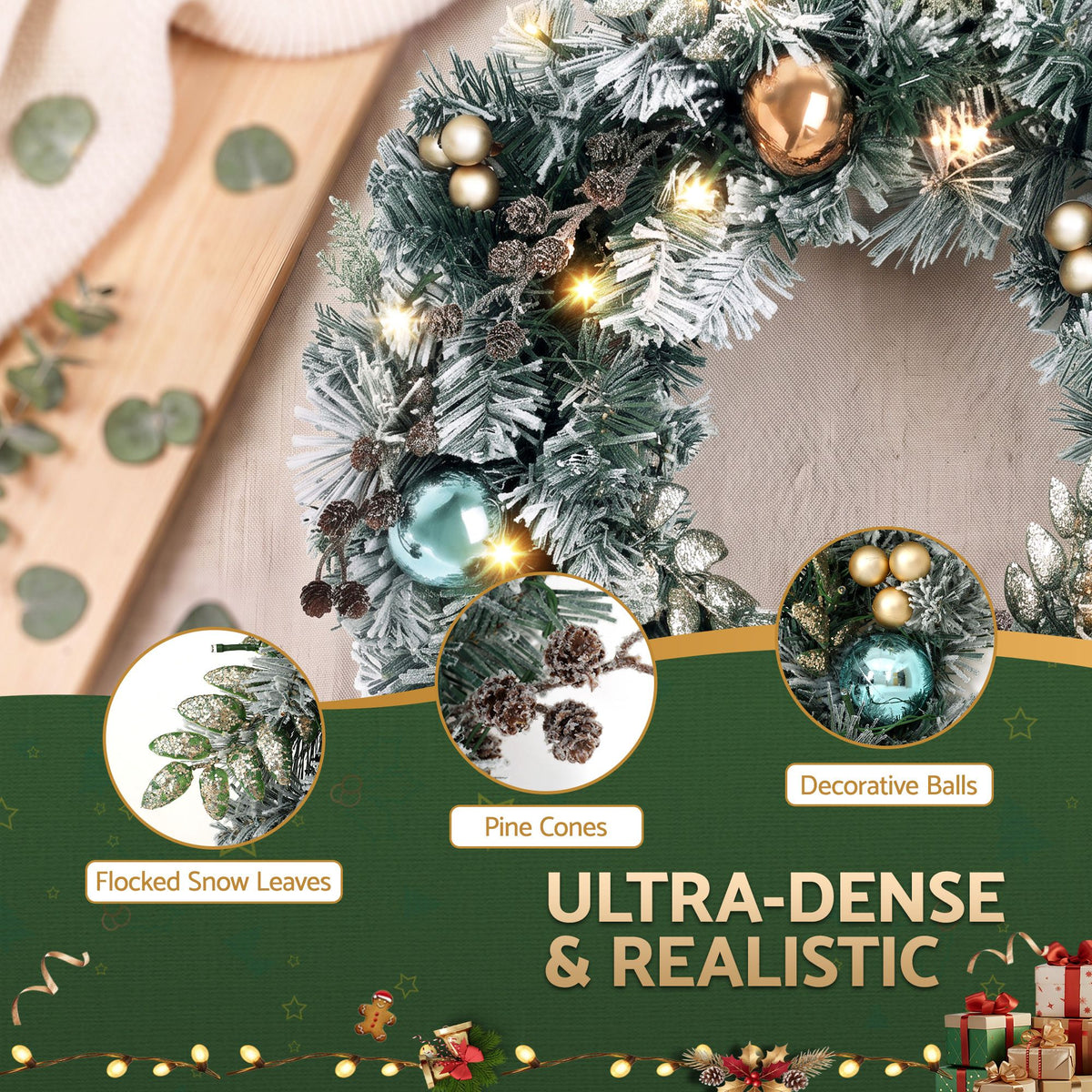Pre-Lit Snowy Christmas Wreath, 60cm