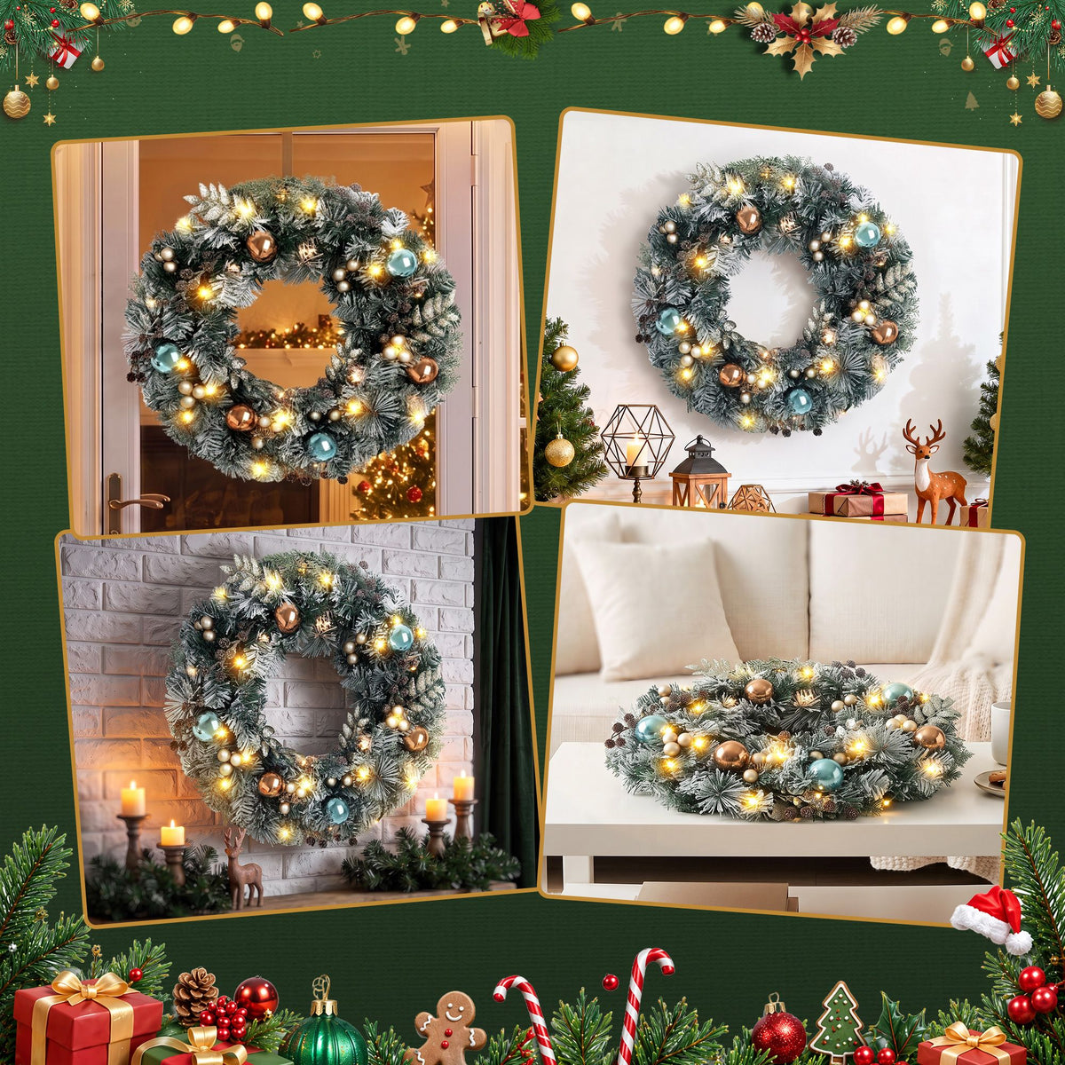 Pre-Lit Snowy Christmas Wreath, 60cm