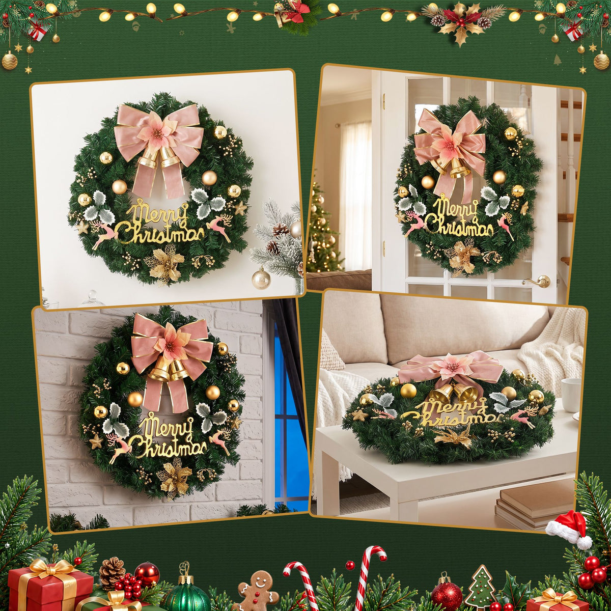 Bow, Bell and Bauble Christmas Wreath, 60cm