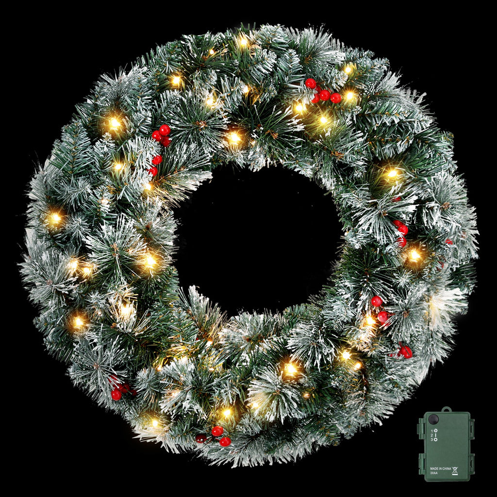 Pre-Lit Frosted Berry Christmas Wreath, 60cm
