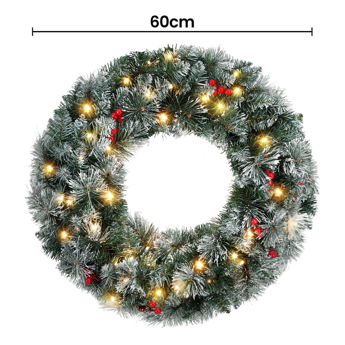 Pre-Lit Frosted Berry Christmas Wreath, 60cm