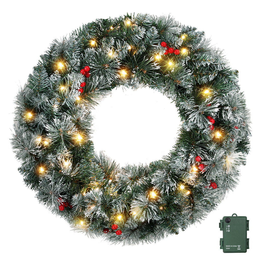 Pre-Lit Frosted Berry Christmas Wreath, 60cm