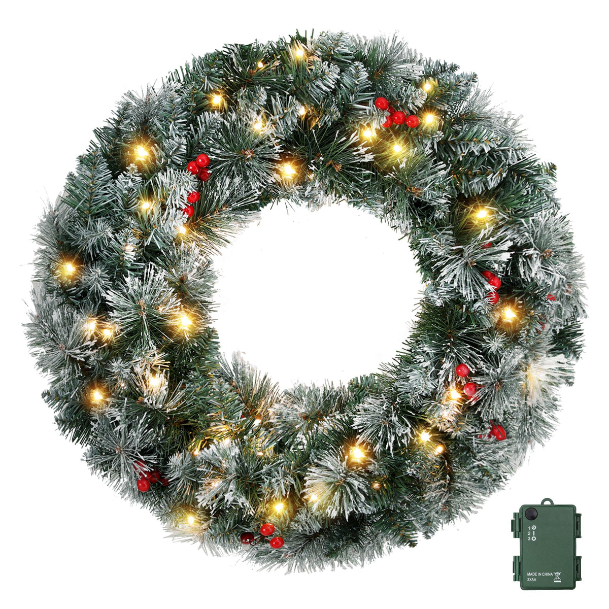 Pre-Lit Frosted Berry Christmas Wreath, 60cm