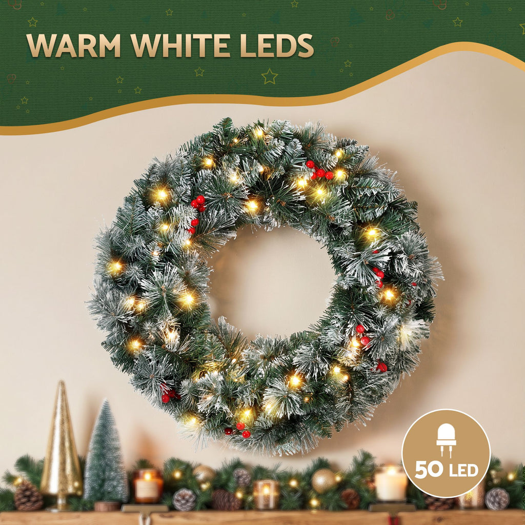 Pre-Lit Frosted Berry Christmas Wreath, 60cm