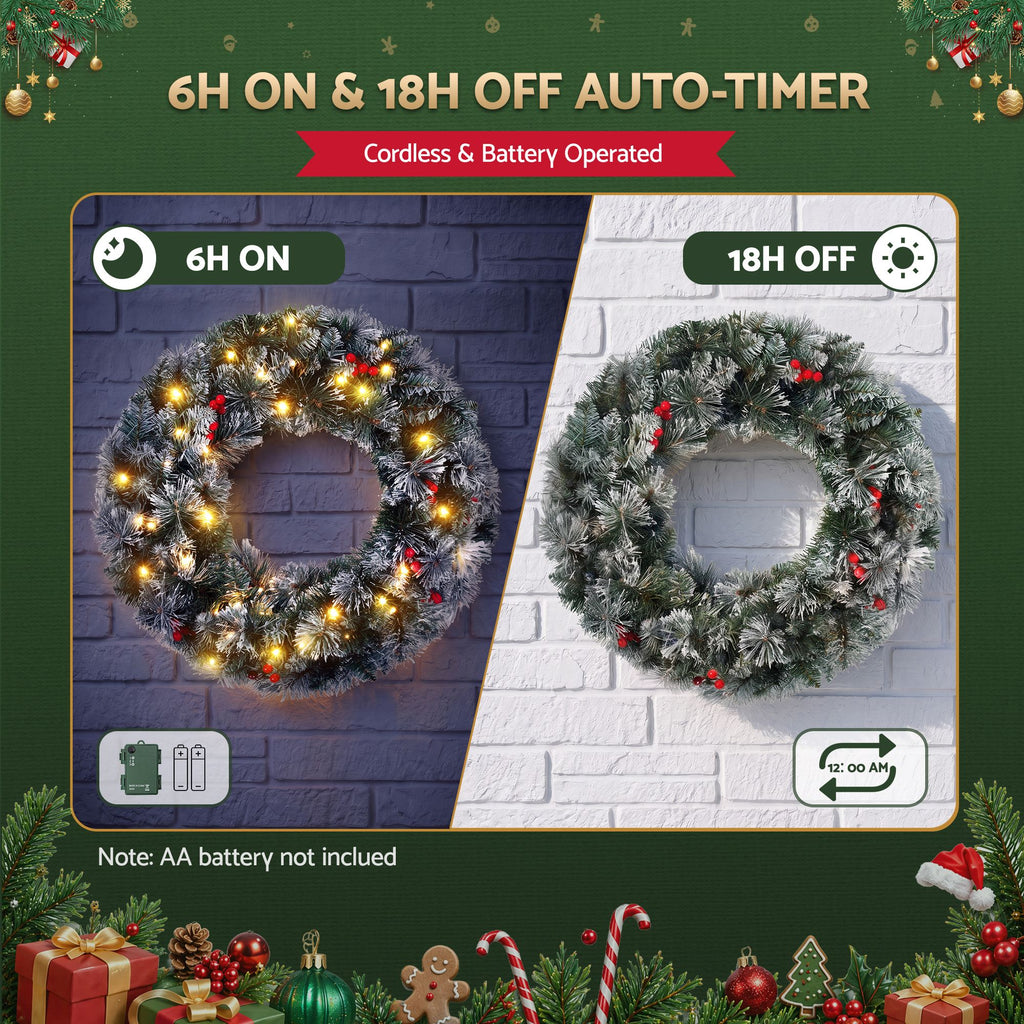 Pre-Lit Frosted Berry Christmas Wreath, 60cm