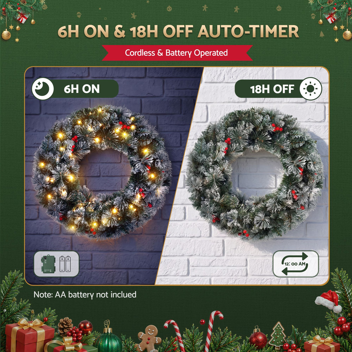 Pre-Lit Frosted Berry Christmas Wreath, 60cm