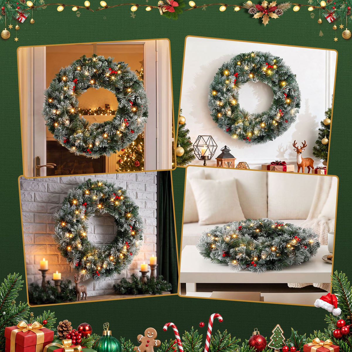Pre-Lit Frosted Berry Christmas Wreath, 60cm