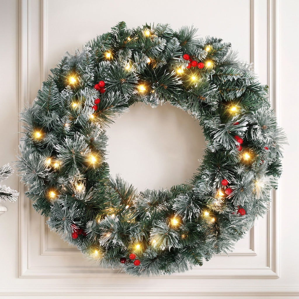 Pre-Lit Frosted Berry Christmas Wreath, 60cm