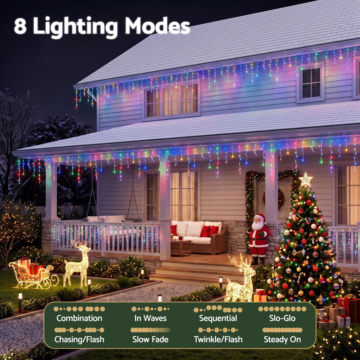 Solar Multicolour Icicle Lights, 12.5m, 500 LEDs