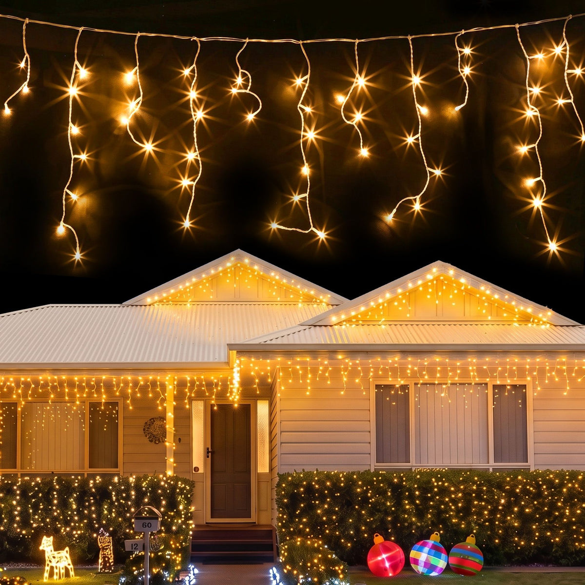 Solar Warm White Icicle Lights, 12.5m, 500 LEDs