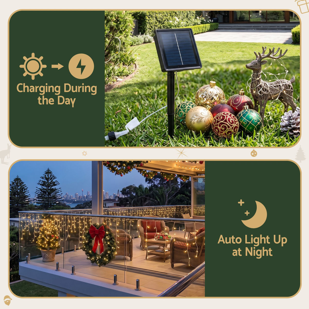 Solar Warm White Icicle Lights, 12.5m, 500 LEDs