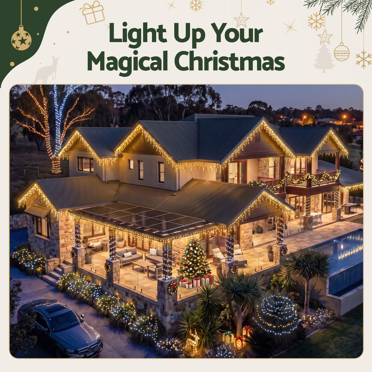 Solar Warm White Icicle Lights, 12.5m, 500 LEDs