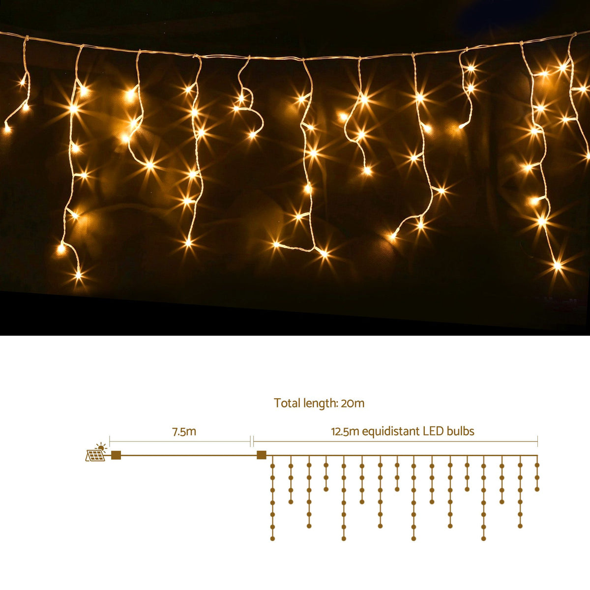 Solar Warm White Icicle Lights, 12.5m, 500 LEDs