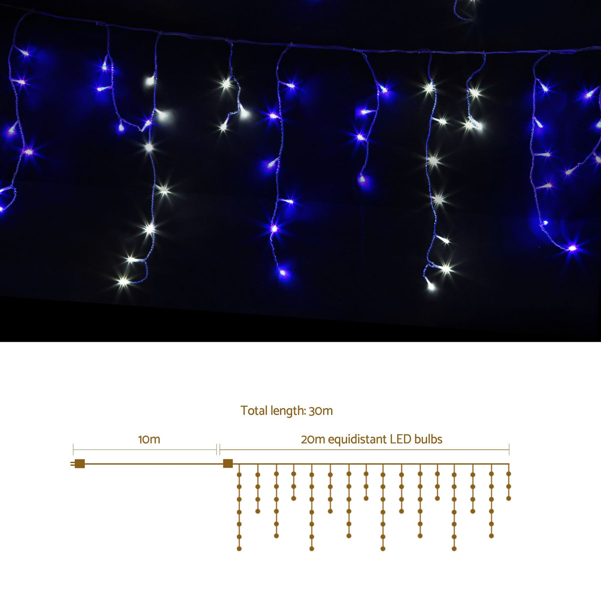 Blue and White Icicle Lights, 20m, 800 LEDs