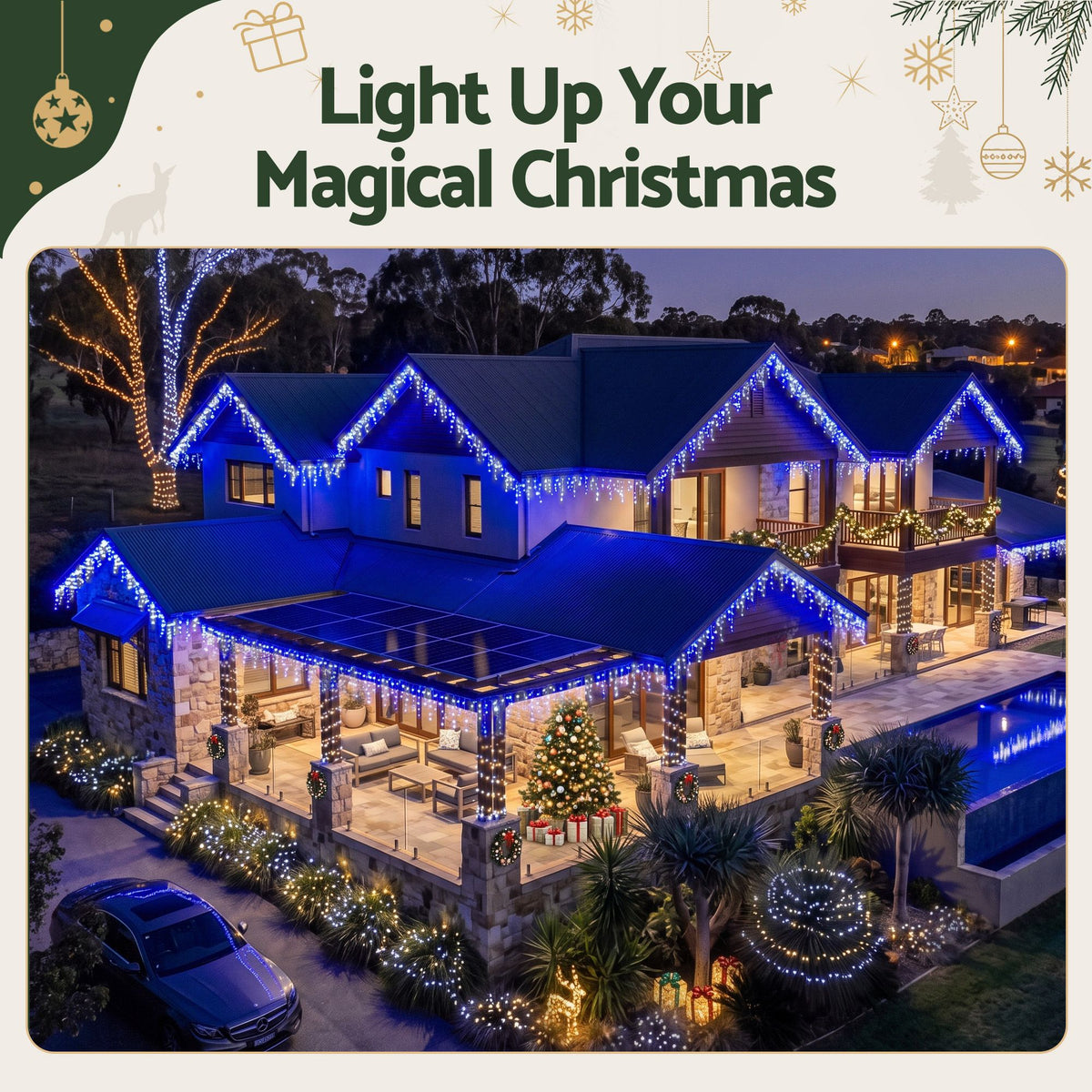 Blue and White Icicle Lights, 20m, 800 LEDs