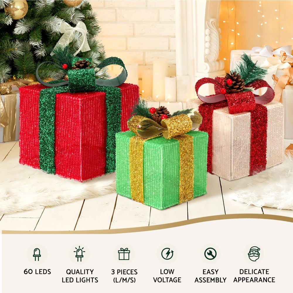 Light-Up Gift Boxes, Set of 3, Red, Green and White
