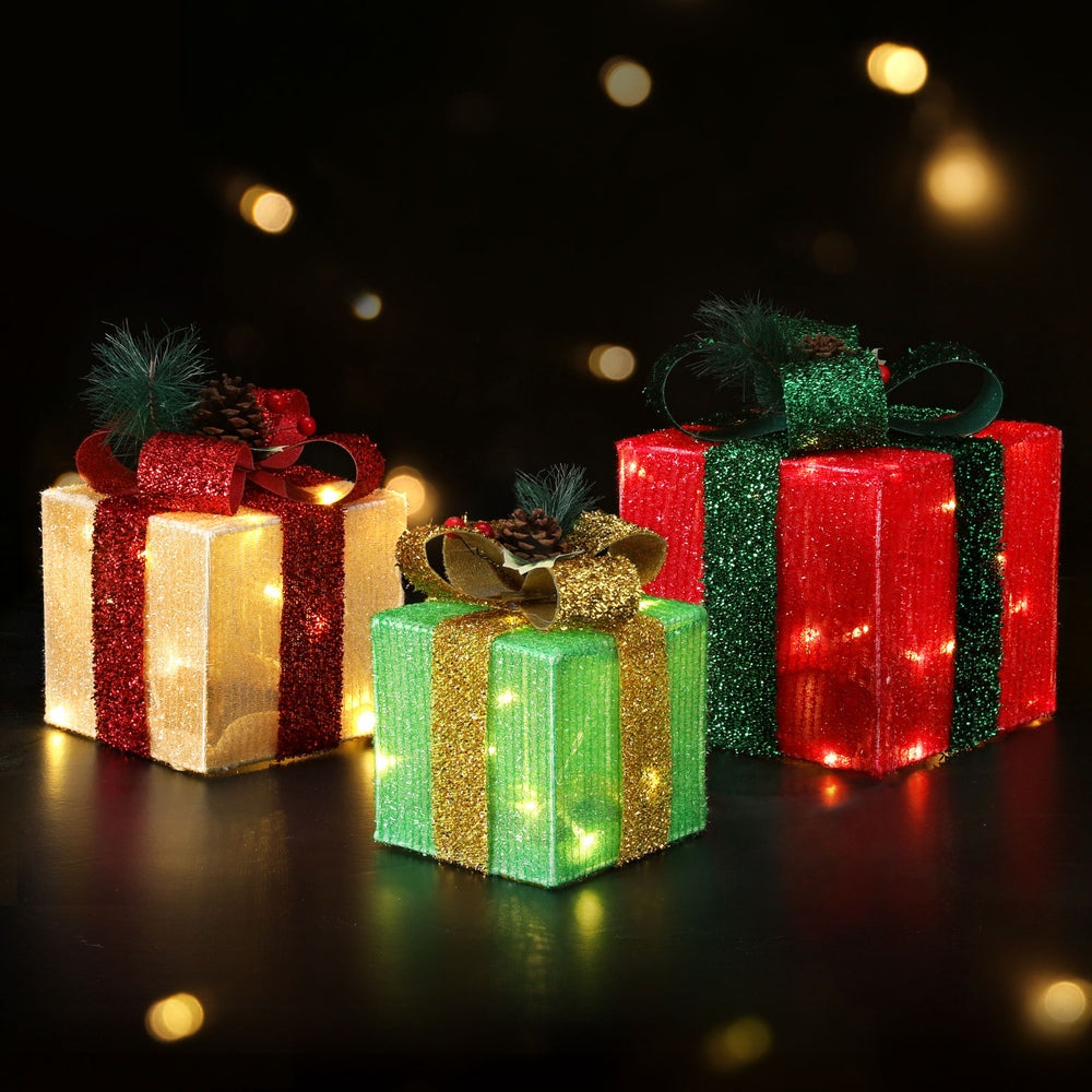 Light-Up Gift Boxes, Set of 3, Red, Green and White