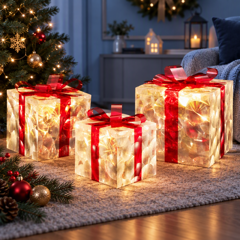 Light-Up Gift Boxes, Set of 3, Red