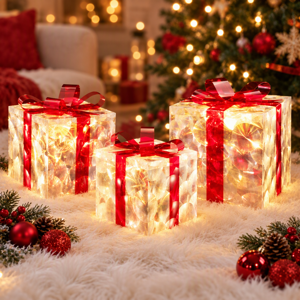 Light-Up Gift Boxes, Set of 3, Red