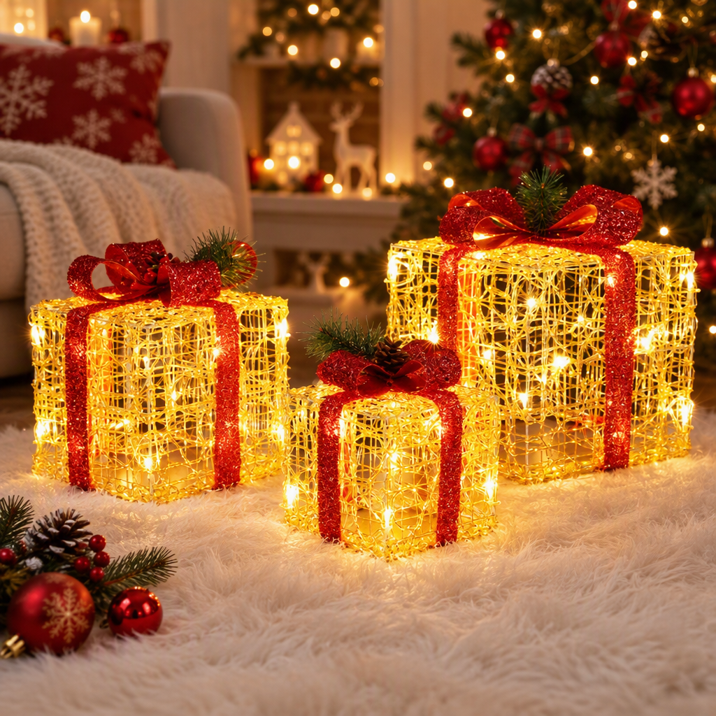 Light-Up Gift Boxes, Set of 3, Warm White