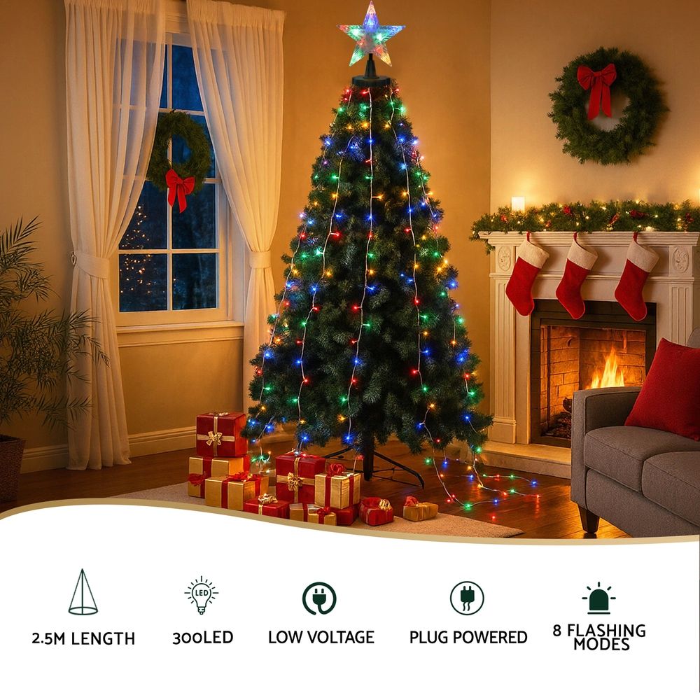 Star Topper with Waterfall Tree Lights, 2.5m, Multicolour