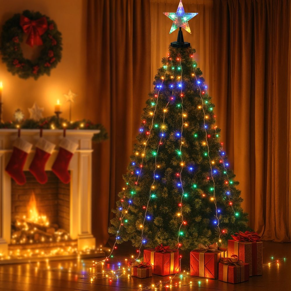 Star Topper with Waterfall Tree Lights, 2.5m, Multicolour
